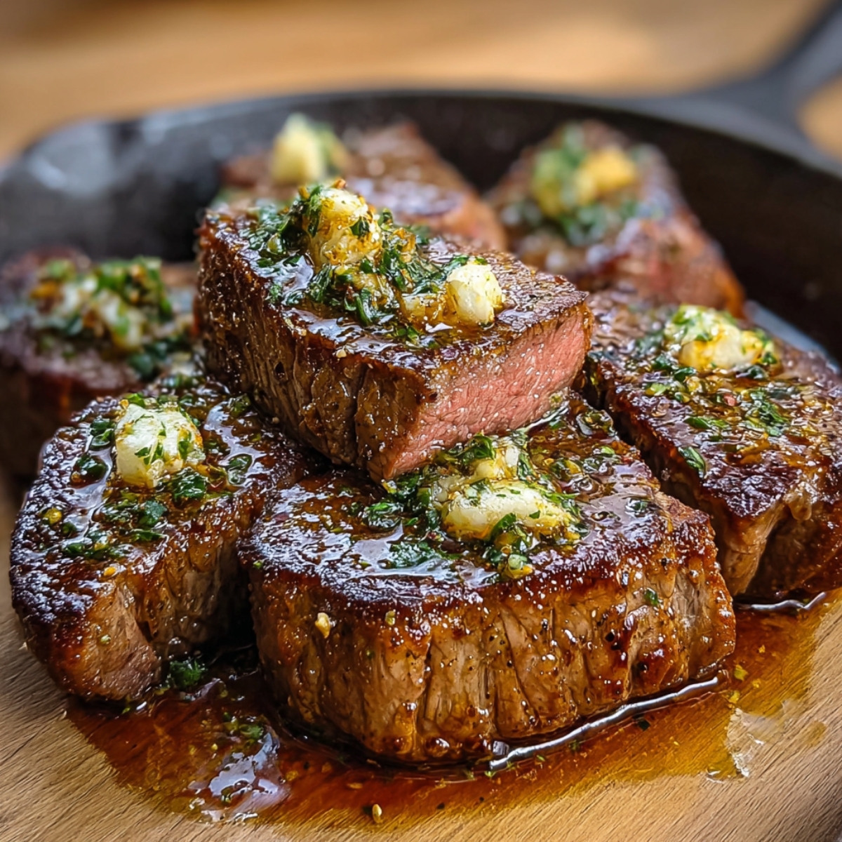 Juicy, pan-seared steak medallions topped with melted butter, garlic, and fresh herbs, glistening in their flavorful sauce.