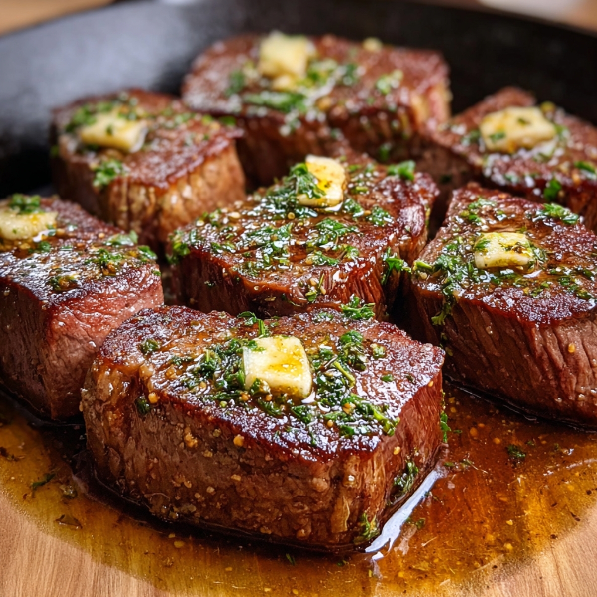 Juicy, pan-seared steak medallions topped with melted butter, garlic, and fresh herbs, glistening in their flavorful sauce.