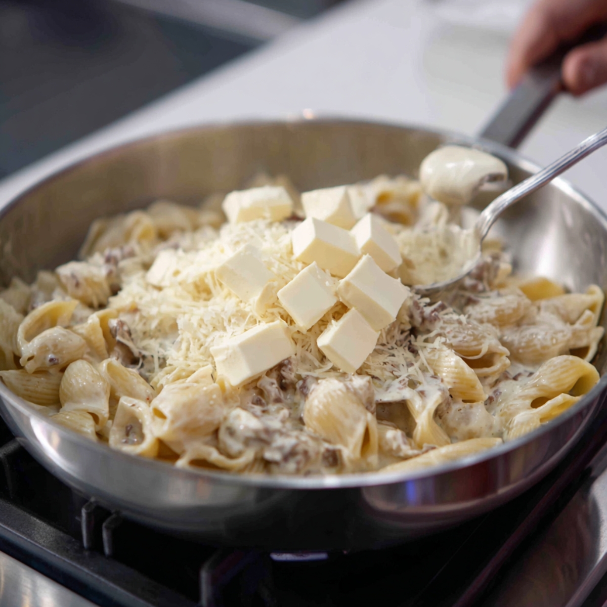 Best Creamy Beef And Shells Recipe 12 Pasta shells in a skillet topped with cubes of cream cheese and shredded cheese, ready to be mixed into the sauce.