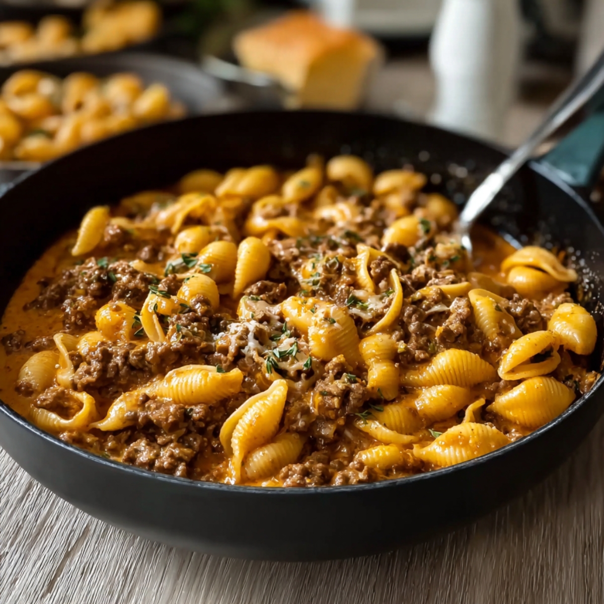 Best Creamy Beef And Shells Recipe 13 Bowl of creamy beef and shells pasta topped with shredded cheese and parsley, with a spoon on the side.