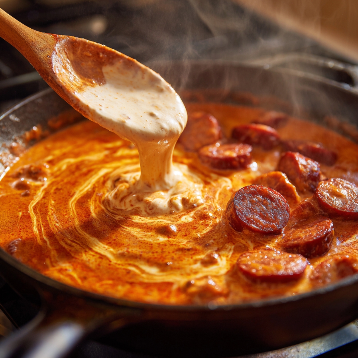 A skillet filled with a rich, creamy Cajun sauce swirling together with browned andouille sausage slices. A wooden spoon stirs the sauce as steam rises, showing the cream blending into the spicy tomato base.