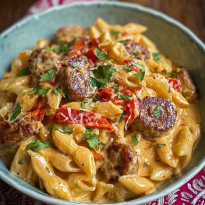 A bowl of creamy Cajun pasta made with penne, sausage slices, and red bell peppers, coated in a rich orange sauce and sprinkled with fresh parsley and parmesan cheese.