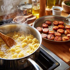 A stovetop scene with pasta boiling in a pot of salted water beside a skillet of sizzling andouille sausage rounds browning to golden perfection. Steam and warm light create a cozy kitchen atmosphere.