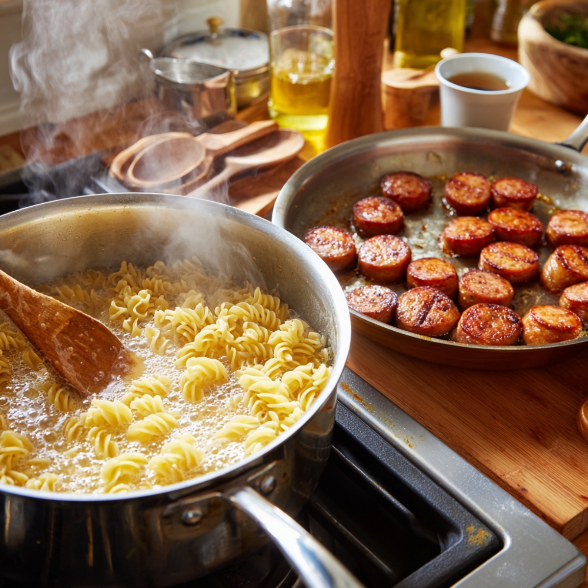 A stovetop scene with pasta boiling in a pot of salted water beside a skillet of sizzling andouille sausage rounds browning to golden perfection. Steam and warm light create a cozy kitchen atmosphere.