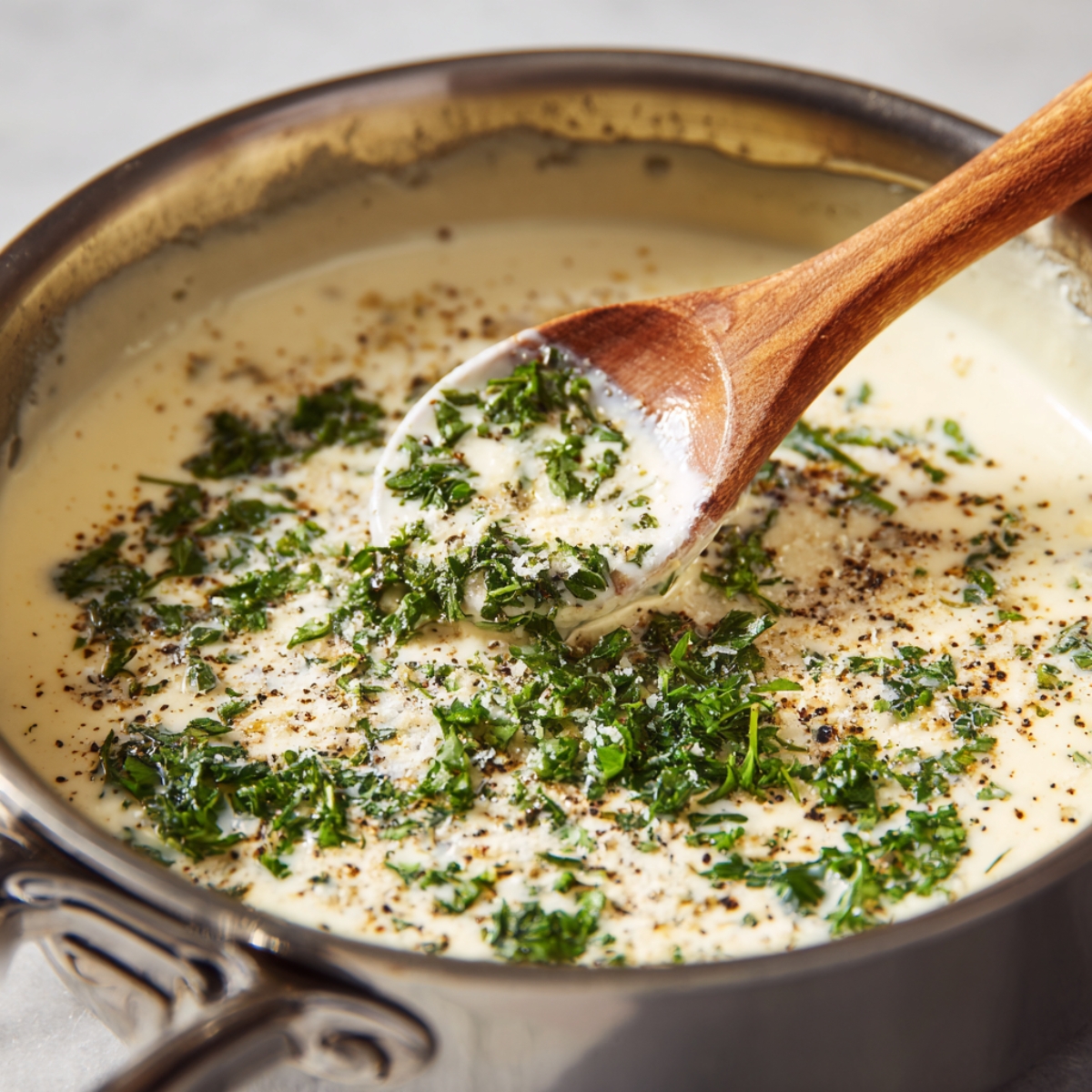 A saucepan filled with creamy butter sauce garnished with chopped parsley and black pepper, stirred with a wooden spoon.