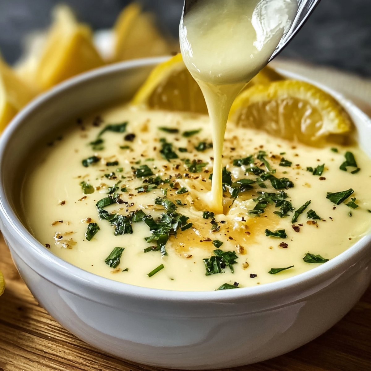 A bowl of creamy lemon butter sauce topped with parsley, black pepper, and lemon slices.