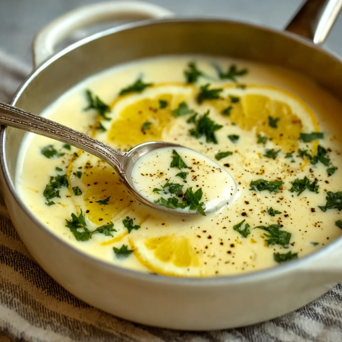 A bowl of creamy lemon butter sauce topped with parsley, black pepper, and lemon slices.