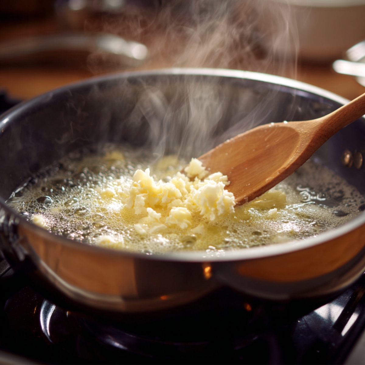 A frying pan on a stove with melted butter and minced garlic being sautéed with a wooden spoon.