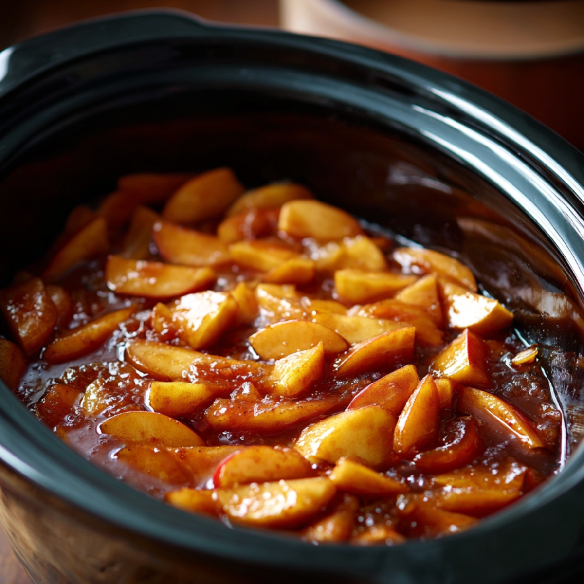 Sliced apples cooking inside a crockpot, slowly softening into applesauce with cinnamon and spices.