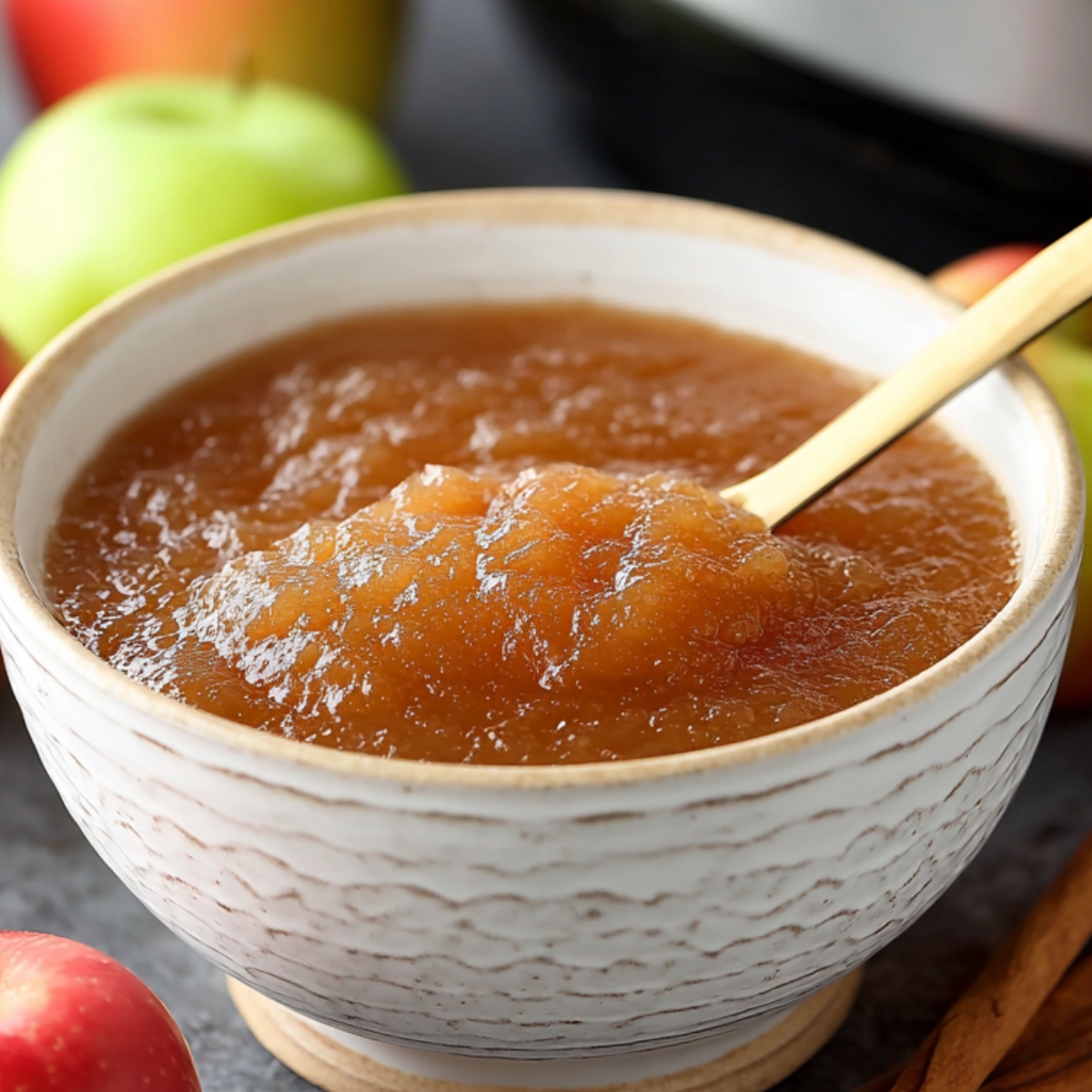A bowl of smooth crockpot applesauce with a spoon, displayed next to whole apples and cinnamon sticks.