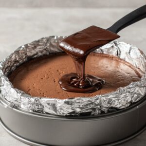 Easy Dubai Chocolate Cheesecake Recipe 16 Smooth melted chocolate ganache being poured onto a baked chocolate cheesecake set inside a foil-wrapped springform pan.
