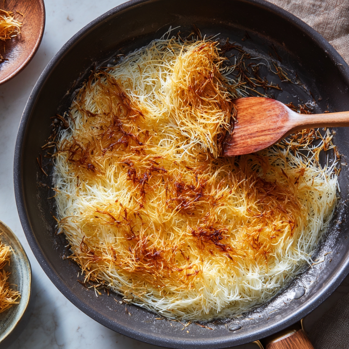 Easy Dubai Chocolate Cheesecake Recipe 12 Golden-brown toasted kadayif strands cooking in a skillet, with crispy caramelized patches and a wooden spatula stirring the mixture.