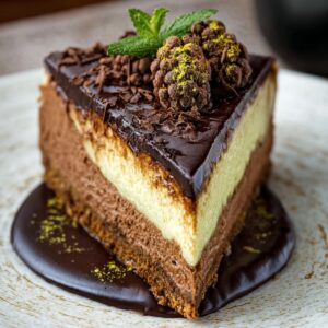 Easy Dubai Chocolate Cheesecake Recipe 18 Elegant slice of chocolate cheesecake layered with dark and light filling, topped with cocoa crumbles, blueberries, mint, and shiny chocolate sauce.