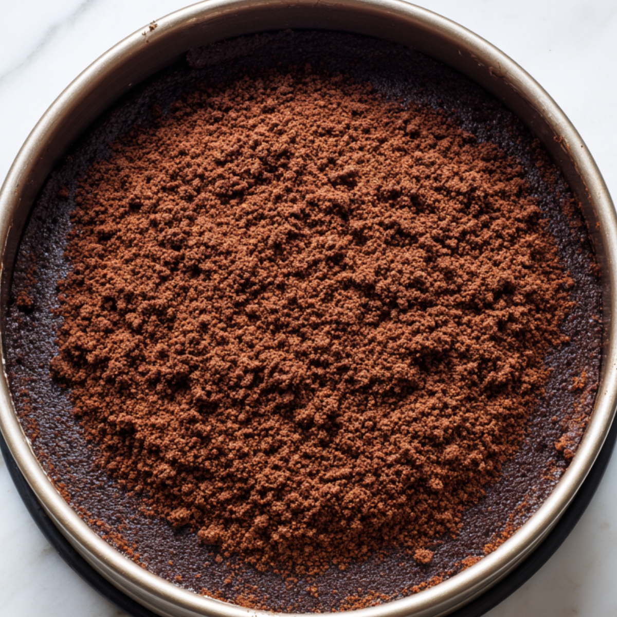 Easy Dubai Chocolate Cheesecake Recipe 10 Evenly pressed chocolate cookie crust lining the bottom of a round pan, forming a firm base for the cheesecake.