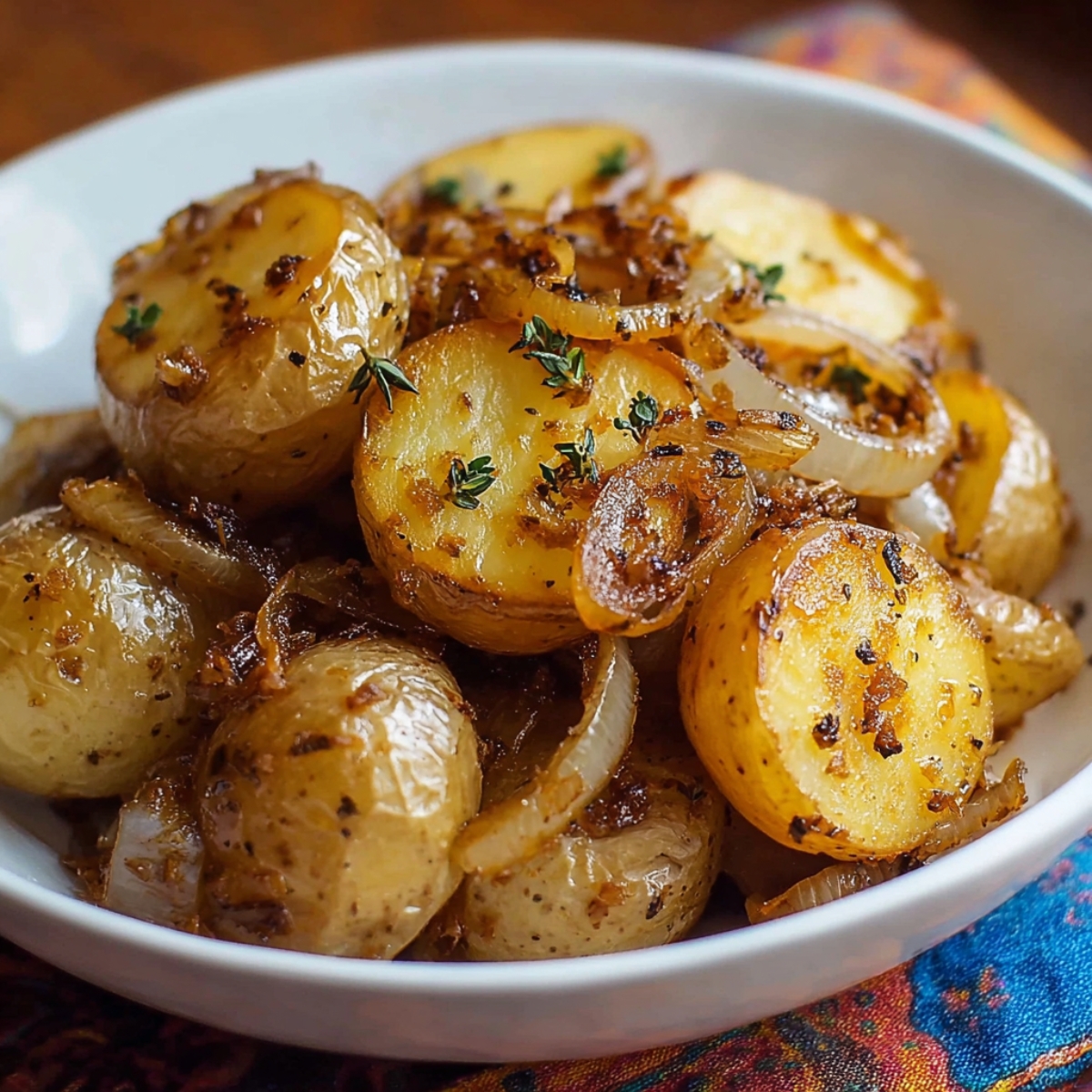 Easy Slow Cooker Lipton Onion Potatoes Recipe 12 Bowl filled with halved and whole baby potatoes cooked with caramelized onions and herbs. Potatoes appear golden and tender, coated in savory seasoning with sprigs of fresh thyme on top.