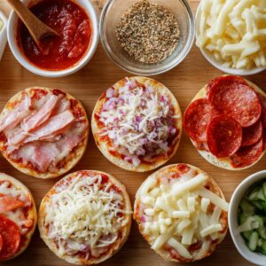 Easy English Muffin Pizza Recipe 17 An overhead view of split English muffins topped with various ingredients—ham, chopped onions, mozzarella, and pepperoni—surrounded by bowls of pizza sauce, seasoning, shredded cheese, and sliced vegetables on a wooden board.