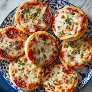 Easy English Muffin Pizza Recipe 18 A blue-and-white patterned plate filled with mini English muffin pizzas, each topped with melted mozzarella, bits of pepperoni, and a sprinkle of chopped herbs.
