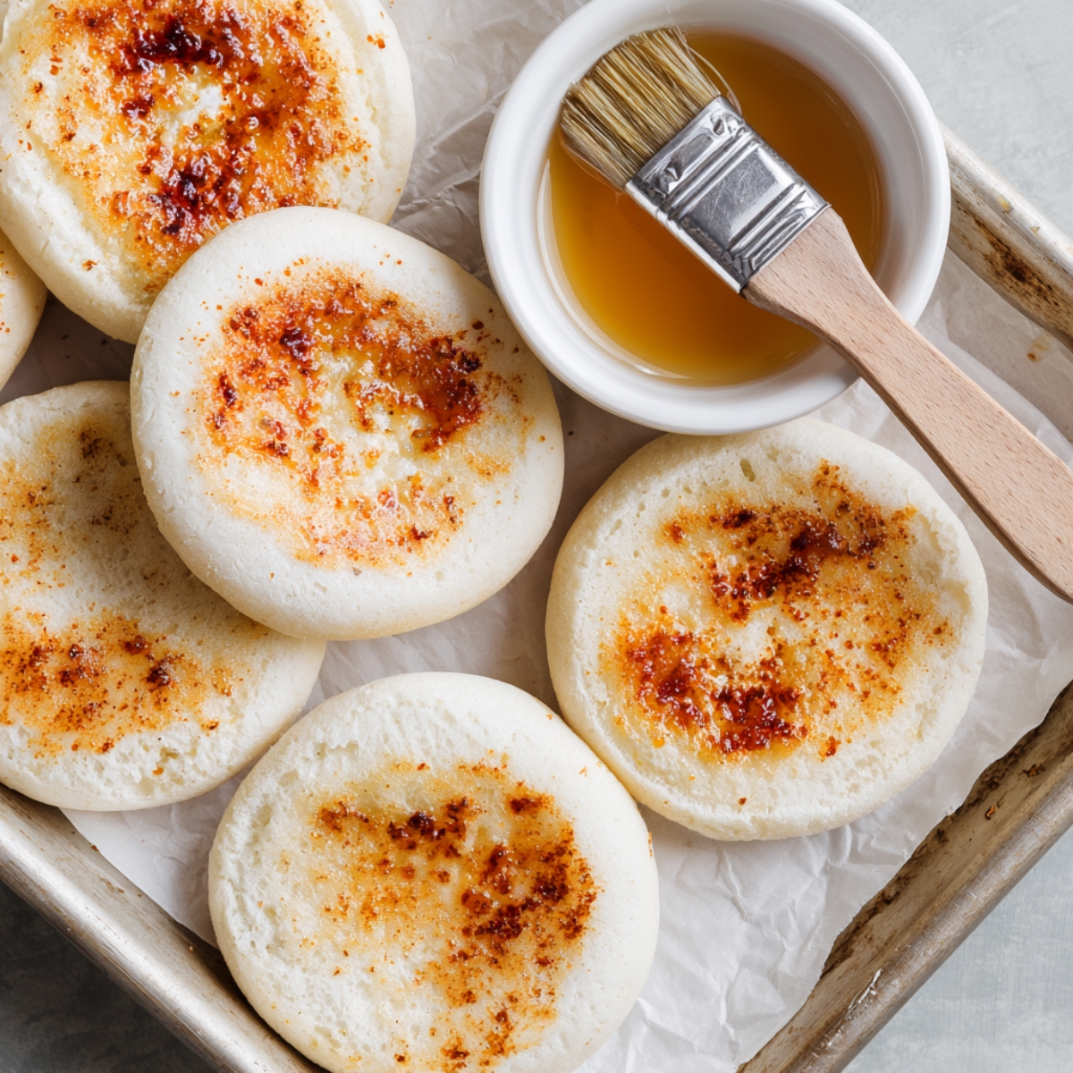 Easy English Muffin Pizza Recipe 10 A tray of English muffin halves brushed with melted butter and lightly browned on top, next to a small bowl of butter and a pastry brush.