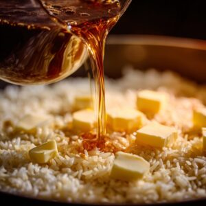 A close-up of hot broth being poured over uncooked rice dotted with cubes of butter, the liquid creating a glossy, amber stream.