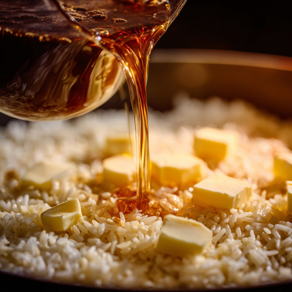 A close-up of hot broth being poured over uncooked rice dotted with cubes of butter, the liquid creating a glossy, amber stream.