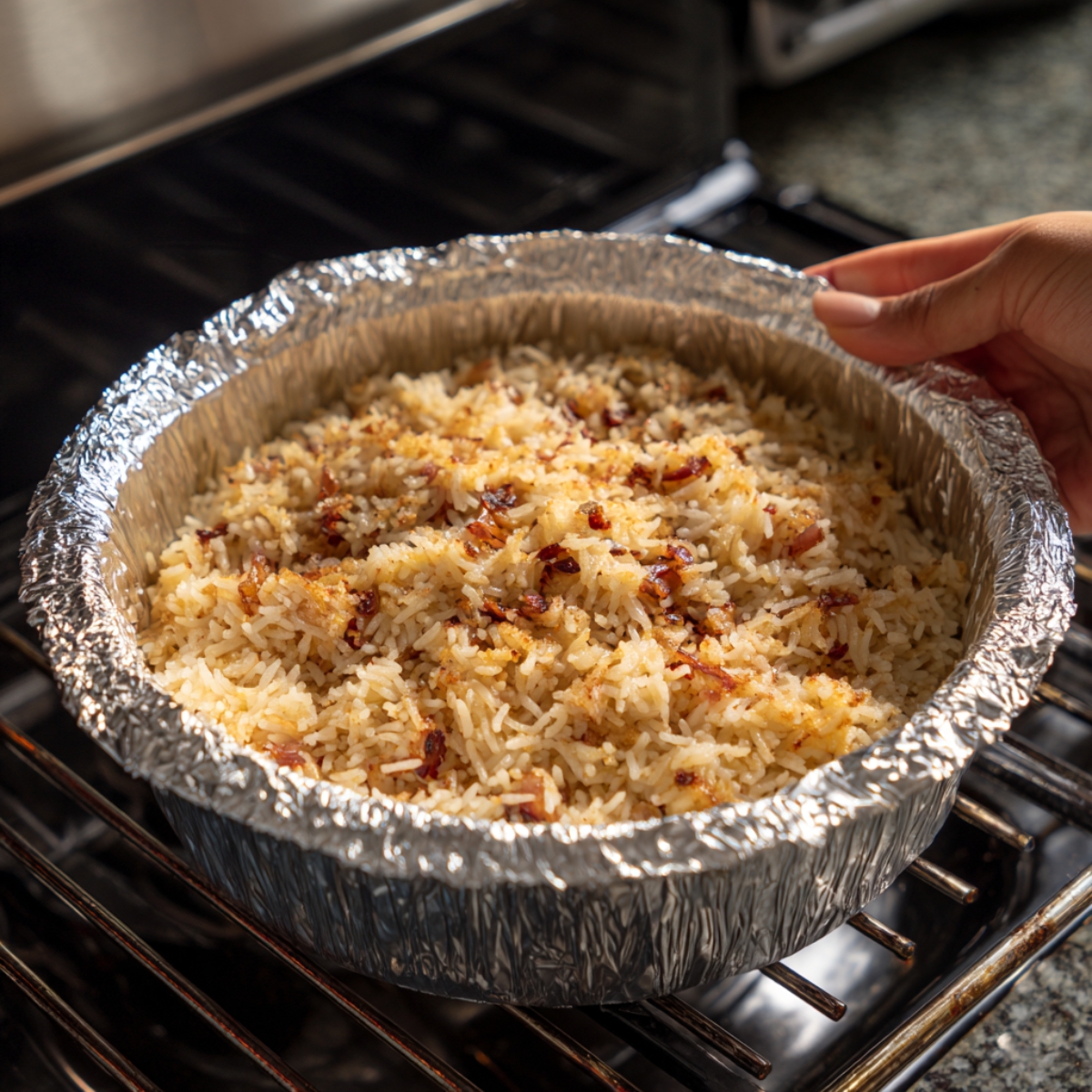A hand pulling a foil-lined round baking pan filled with baked rice and caramelized onion pieces out of the oven.