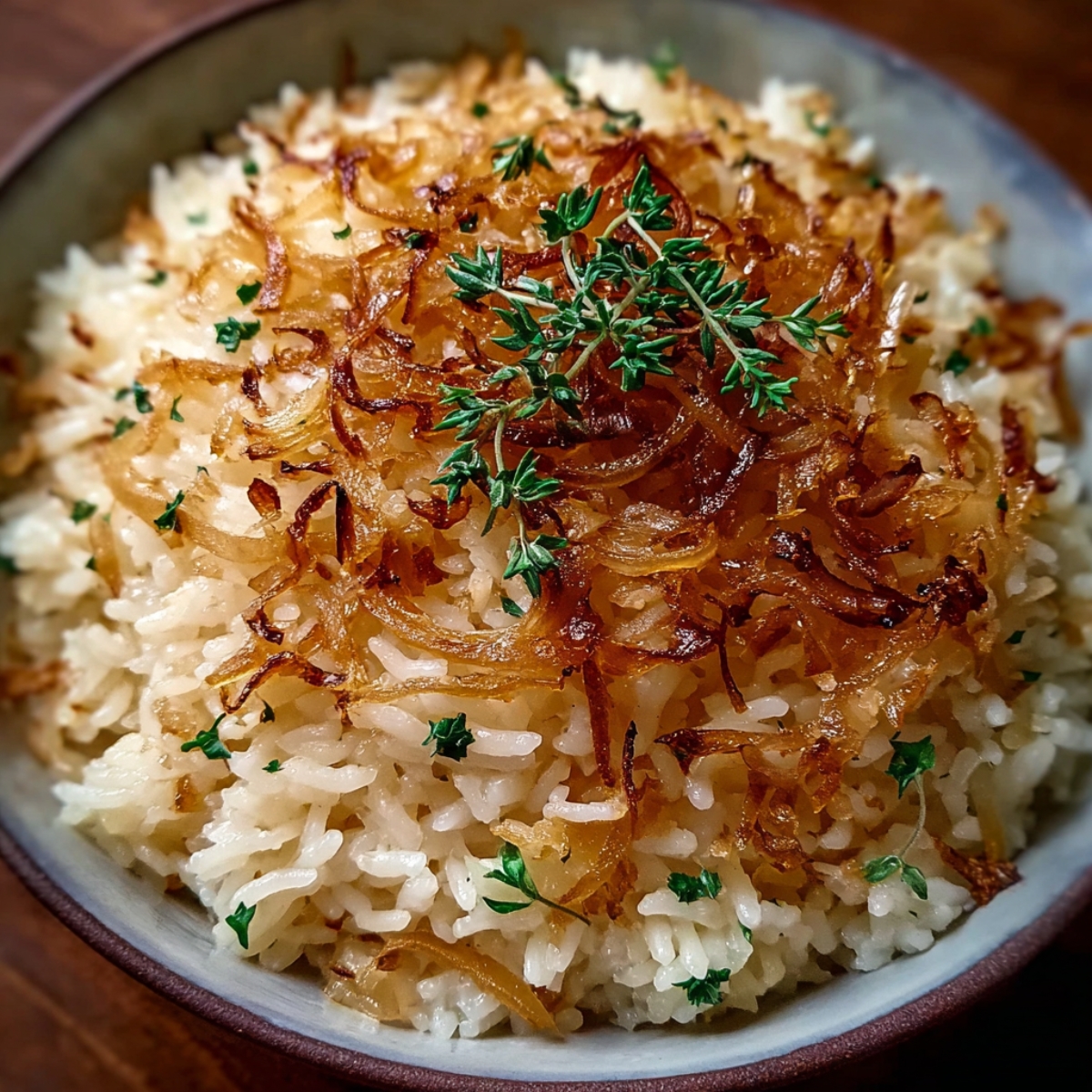 A bowl of buttery rice piled high, topped generously with golden caramelized onions and fresh herbs.