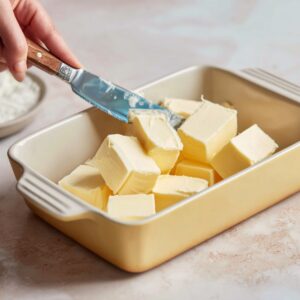 A hand holding a butter knife, slicing large cubes of cold butter and placing them into a ceramic baking dish.