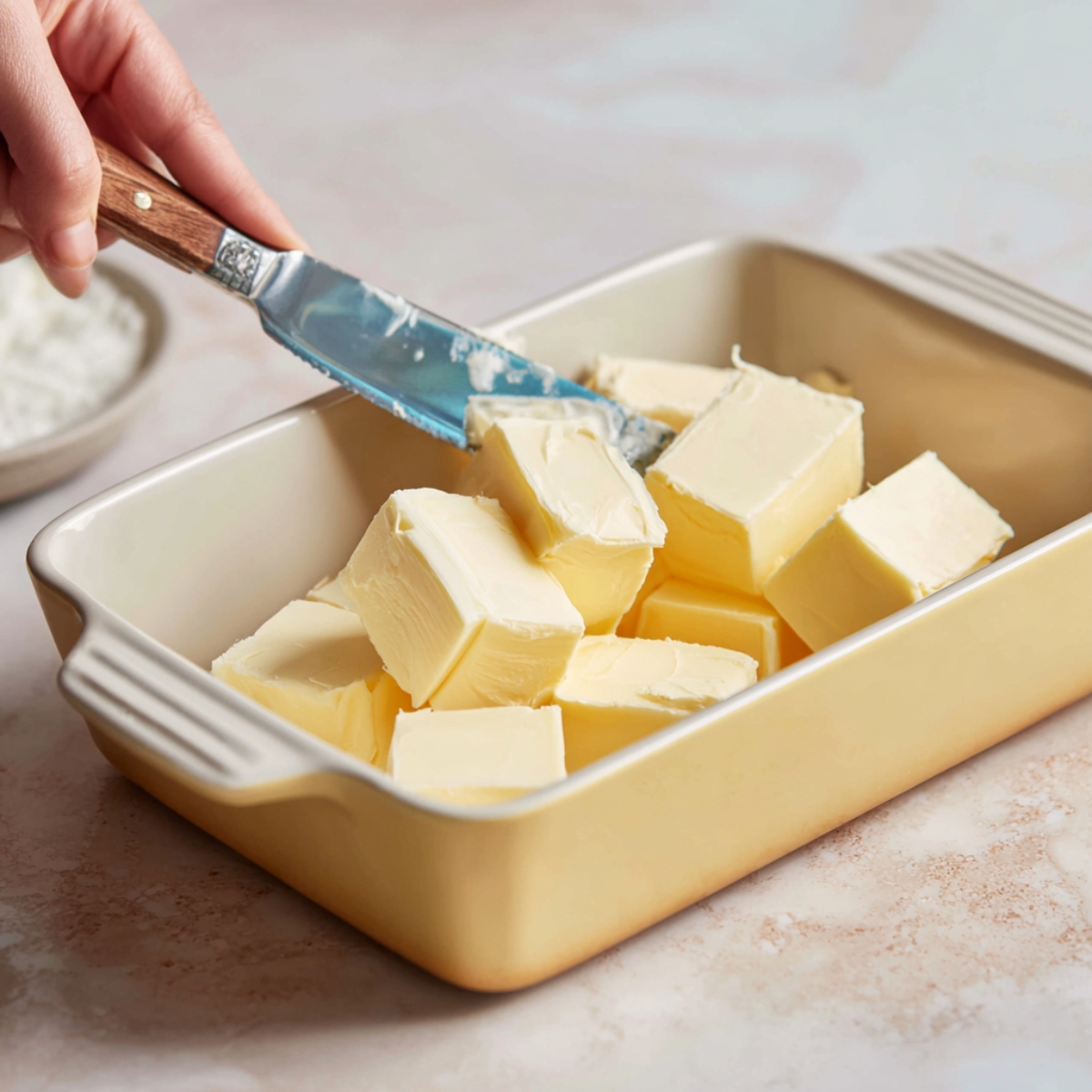 A hand holding a butter knife, slicing large cubes of cold butter and placing them into a ceramic baking dish.