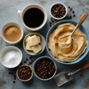 Overhead view of ingredients for coffee frosting — a bowl of whipped coffee buttercream surrounded by butter cubes, coffee beans, brewed coffee, sugar, and espresso powder.