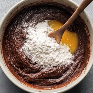 Mixing bowl filled with glossy chocolate brownie batter, with flour and melted butter being folded in using a wooden spoon.
