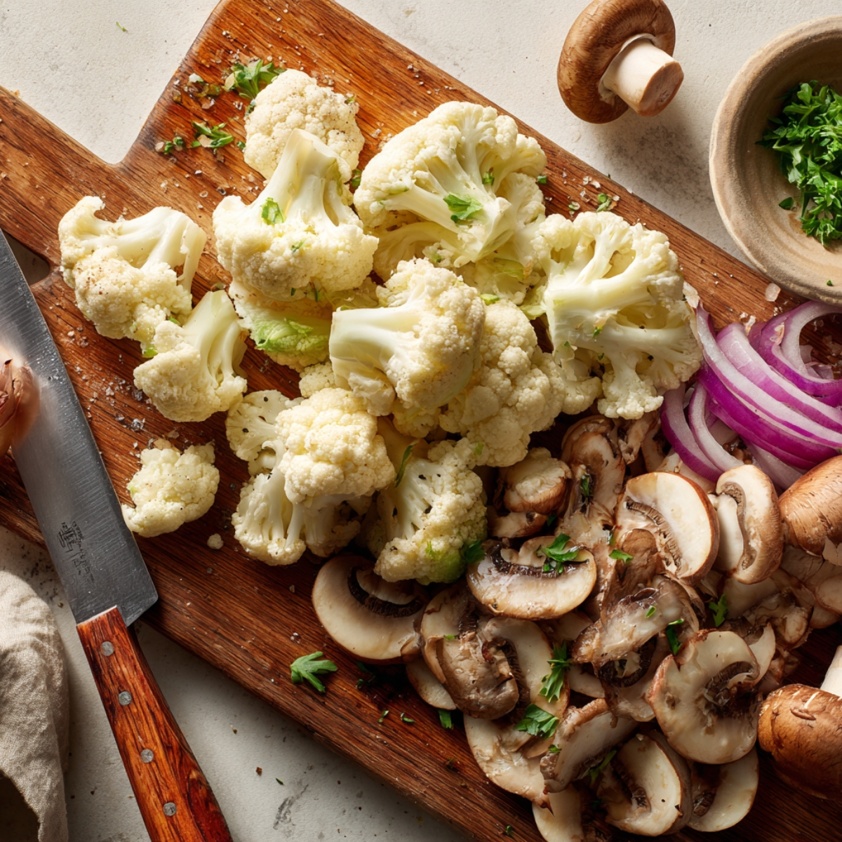 A wooden cutting board covered with freshly chopped cauliflower florets and sliced mushrooms, surrounded by whole mushrooms and pieces of broccoli.