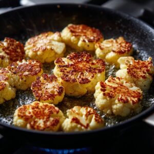 A skillet filled with sautéing cauliflower florets and sliced mushrooms in melted butter and seasonings, cooking over a stovetop.
