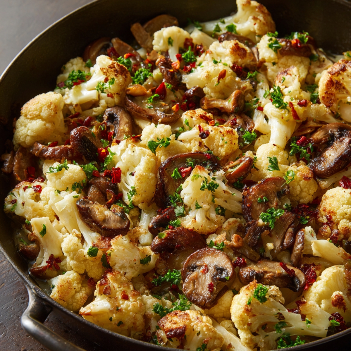 Garlic Mushrooms Cauliflower Skillet A bowl of roasted cauliflower and sautéed mushrooms, sprinkled with chopped parsley and red pepper flakes, with a light crust from roasting.