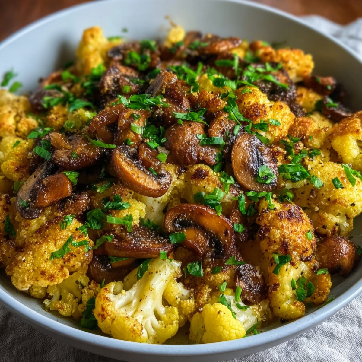 Garlic Mushrooms Cauliflower Skillet A bowl of roasted cauliflower and sautéed mushrooms, sprinkled with chopped parsley and red pepper flakes, with a light crust from roasting.