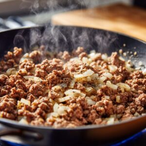 A skillet of ground beef and diced onions cooking together, steaming as the mixture browns and softens.