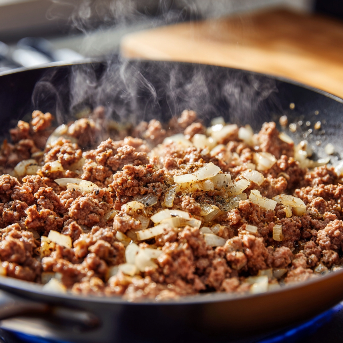 A skillet of ground beef and diced onions cooking together, steaming as the mixture browns and softens.