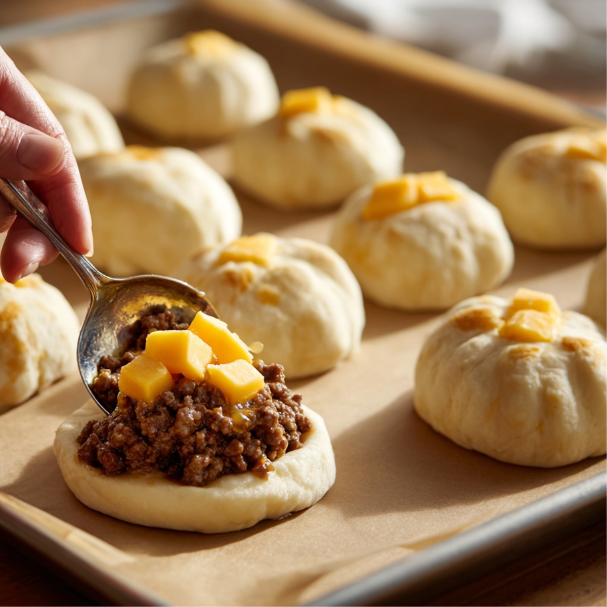 A hand assembling a cheeseburger bomb by placing ground beef filling and cheddar cheese cubes onto flattened dough rounds on a parchment-lined baking sheet.