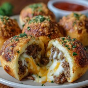 A plate of baked garlic Parmesan cheeseburger bombs, one opened to show melty cheese and beef filling, topped with crispy Parmesan and chopped herbs.