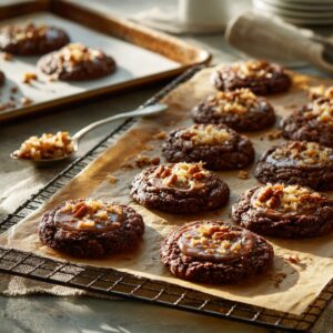 Freshly baked chocolate cookies topped with toasted coconut and chopped pecans on a parchment-lined baking sheet, with a spoon of coconut filling nearby.