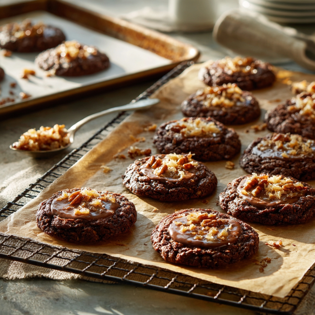 Freshly baked chocolate cookies topped with toasted coconut and chopped pecans on a parchment-lined baking sheet, with a spoon of coconut filling nearby.