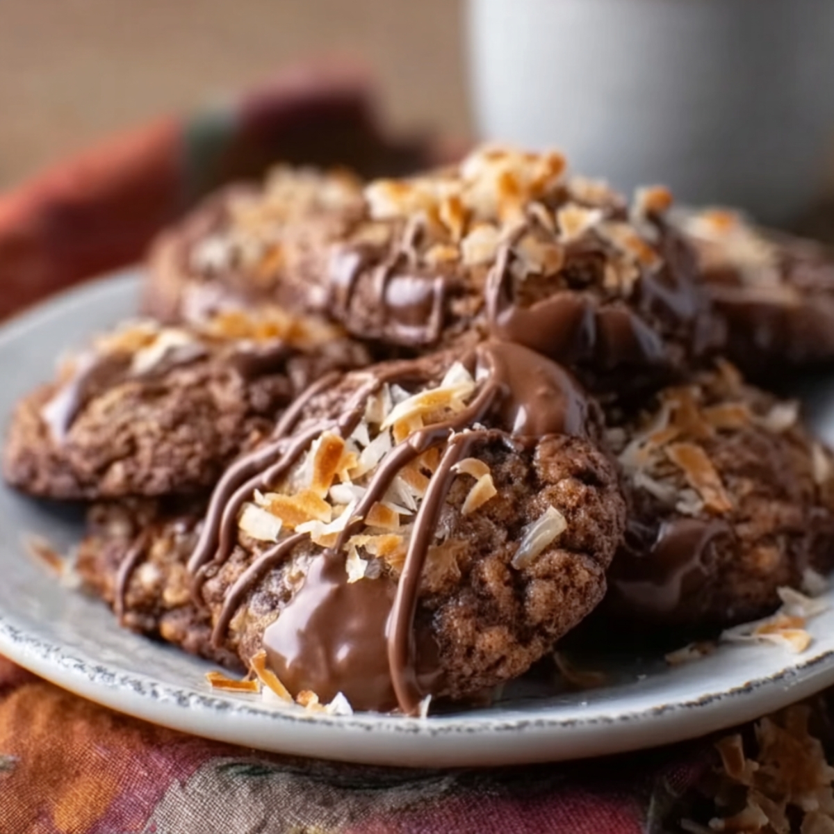 Stack of German chocolate cookies drizzled with melted chocolate and sprinkled with toasted coconut on a gray plate.