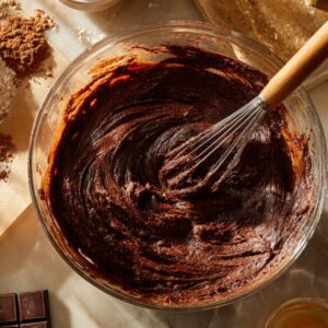 Baking setup featuring a bowl of rich chocolate cookie batter being whisked, surrounded by flour, cocoa, eggs, butter, and chocolate pieces on a sunlit countertop.
