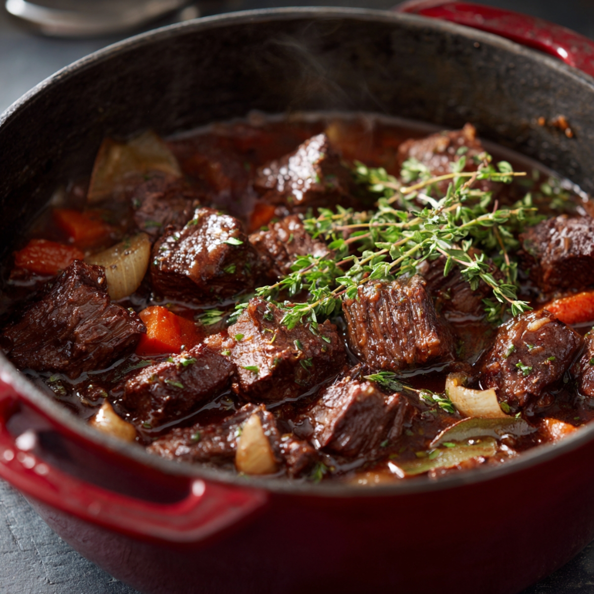 A pot of rich German goulash with tender beef chunks, carrots, and onions simmering in a thick brown sauce, topped with fresh thyme sprigs.