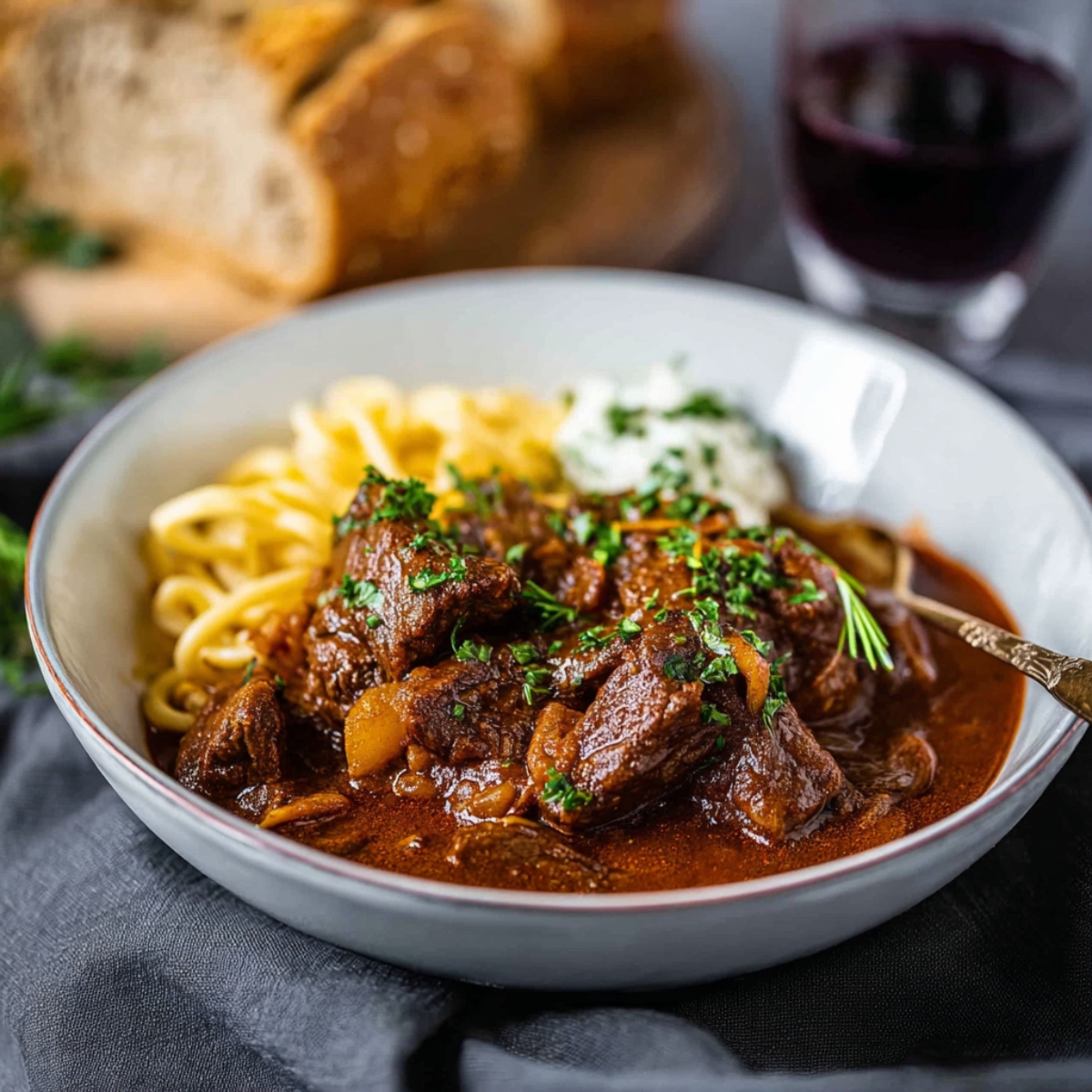 A bowl of German goulash served with buttered egg noodles, garnished with chopped parsley and a dollop of sour cream, with bread and red wine in the background.