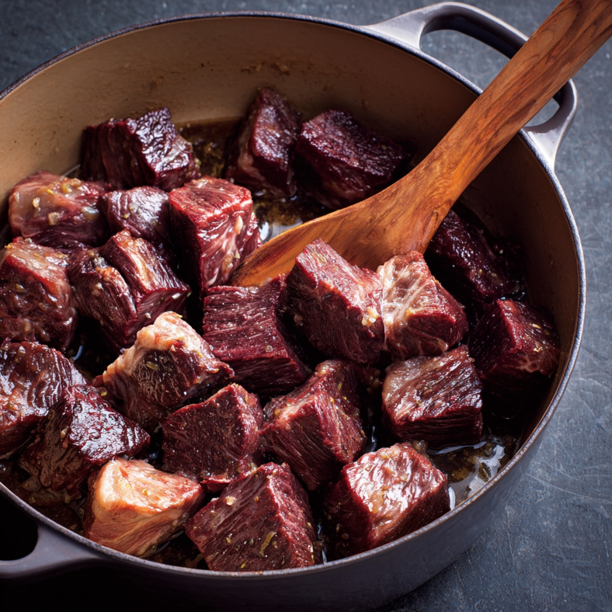 A pot of rich German goulash with tender beef chunks, carrots, and onions simmering in a thick brown sauce, topped with fresh thyme sprigs.