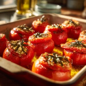 A baking dish filled with roasted stuffed tomatoes, their tops slightly browned and glistening with olive oil under warm kitchen lighting.