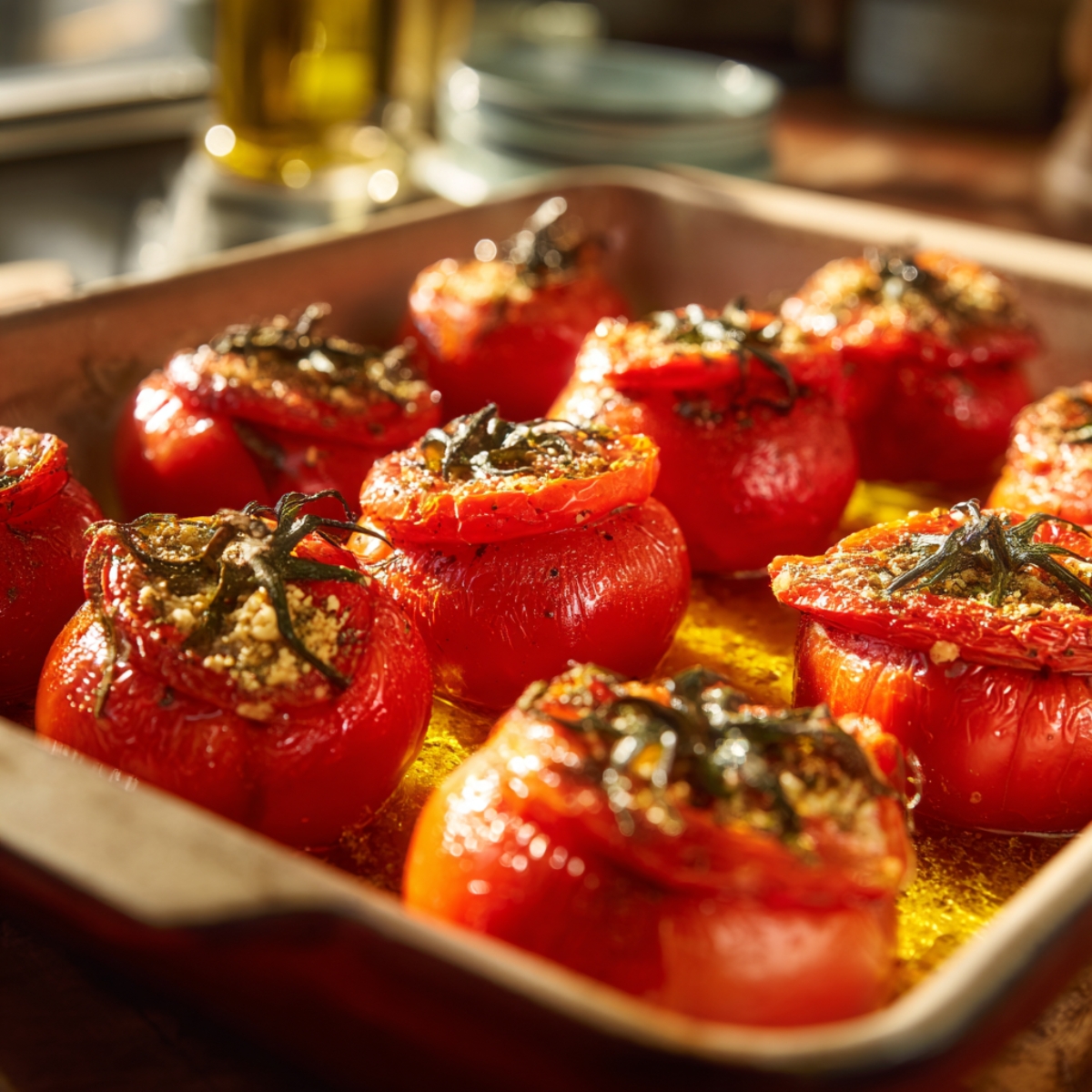 A baking dish filled with roasted stuffed tomatoes, their tops slightly browned and glistening with olive oil under warm kitchen lighting.