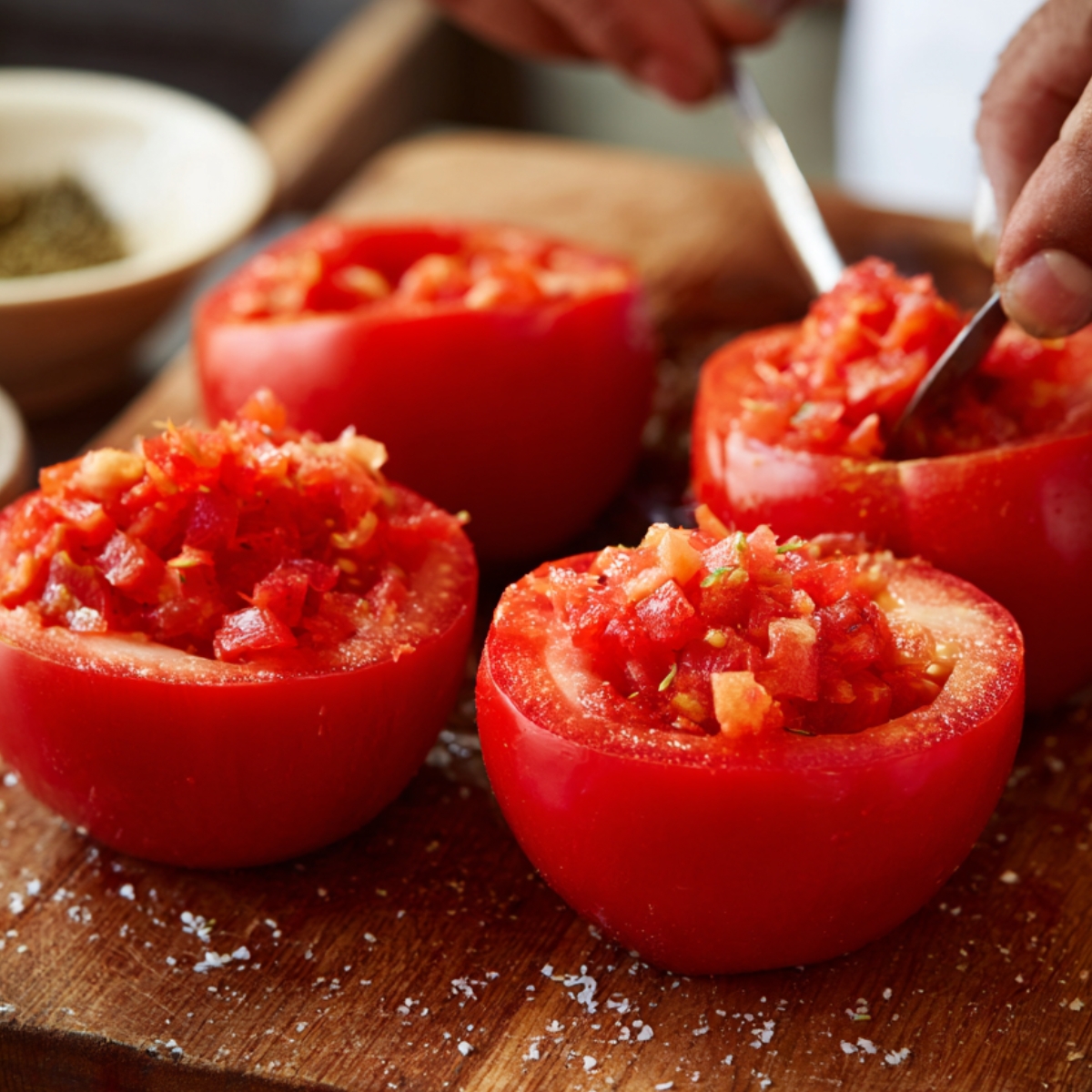 Close-up of hands preparing fresh tomatoes by scooping and filling them with a diced tomato mixture on a wooden cutting board.