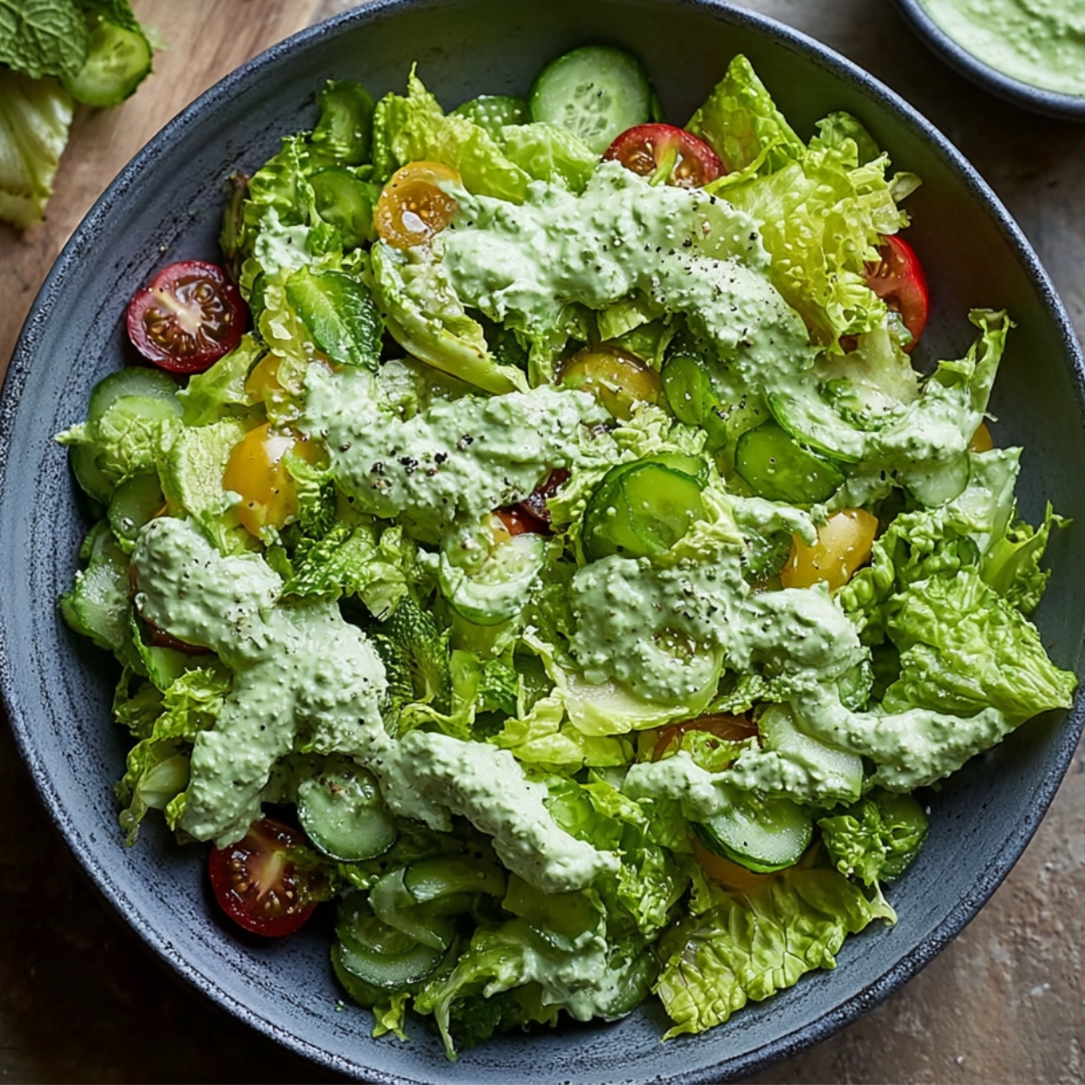 A bowl of fresh green goddess salad made with lettuce, cucumber, avocado, and herbs, all tossed in a creamy green dressing