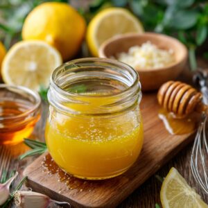 A small glass jar filled with freshly made lemon honey dressing on a wooden board, surrounded by lemons, honey, garlic, and herbs